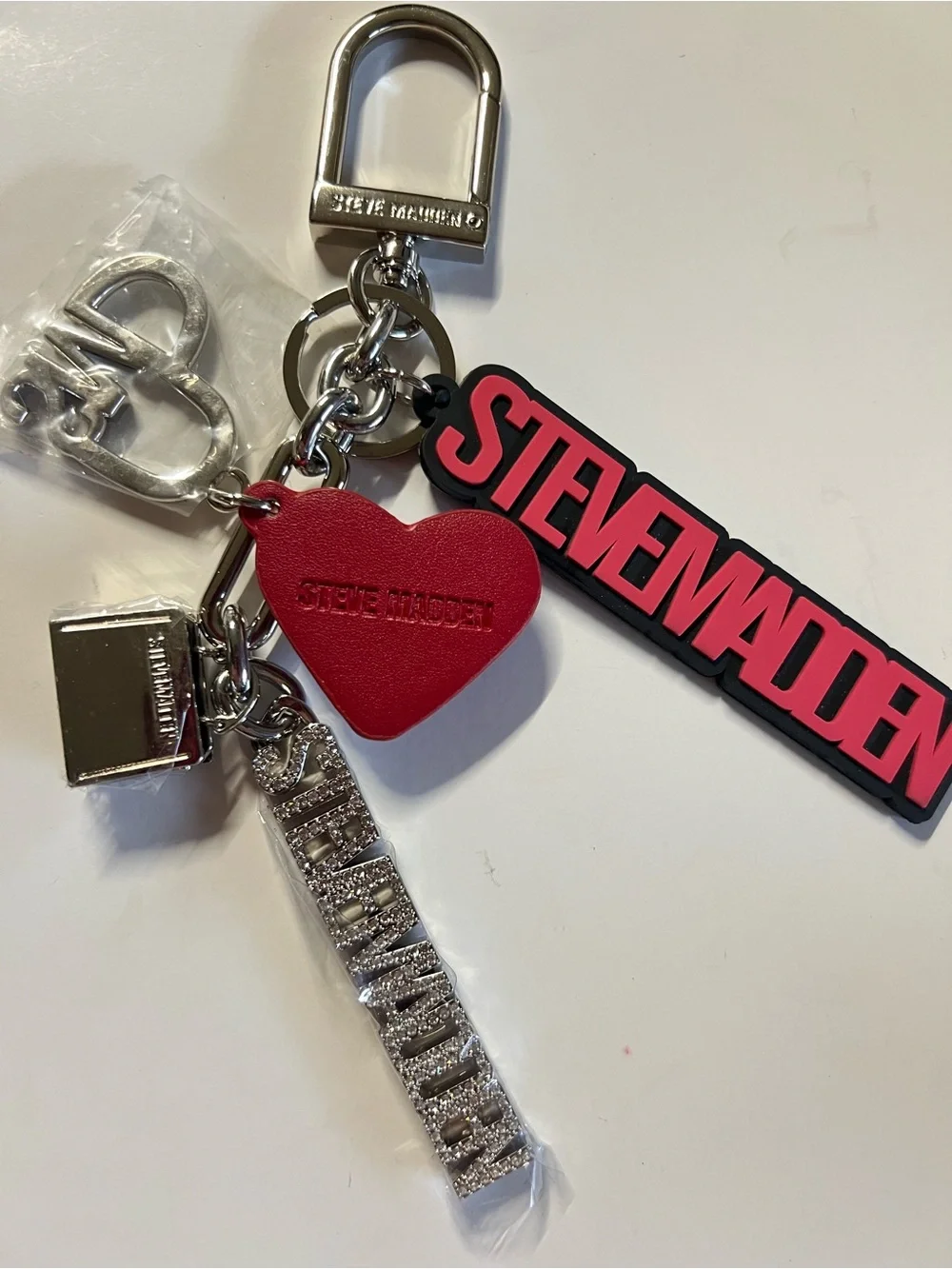 Steve Madden Red and Silver Logo Heart Keychain